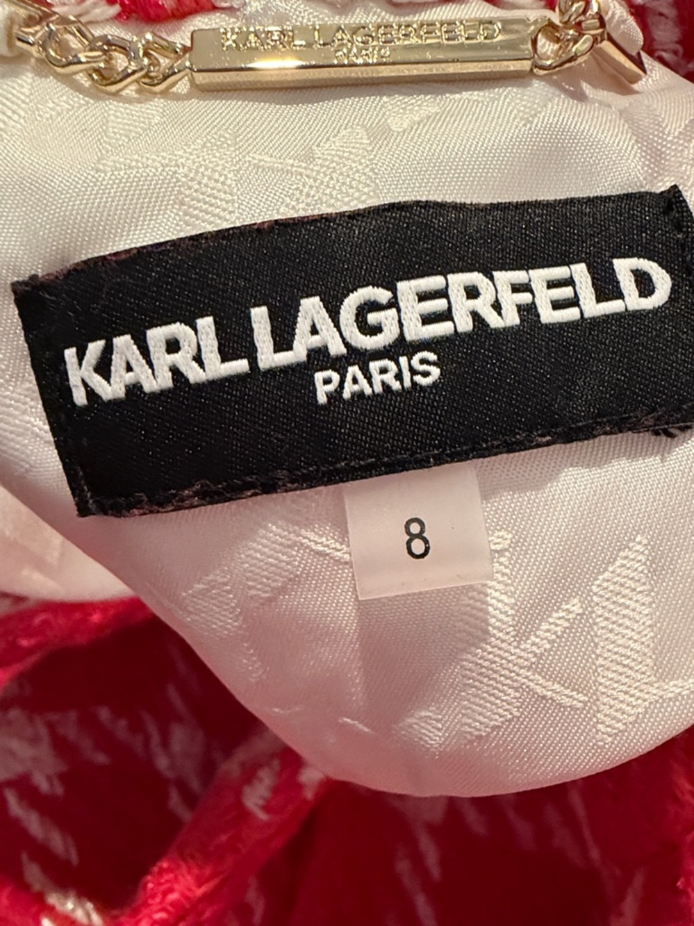 Karl Lagerfeld Paris Tweed Pink White Cropped Open Front Jacket Blazer size 8 - Picture 9 of 9